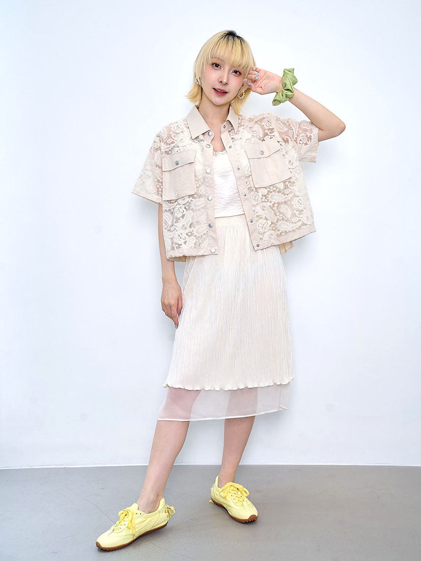 Chiffon Underlay Shiny Wrinkle Pleated Skirt (2 Colours)
