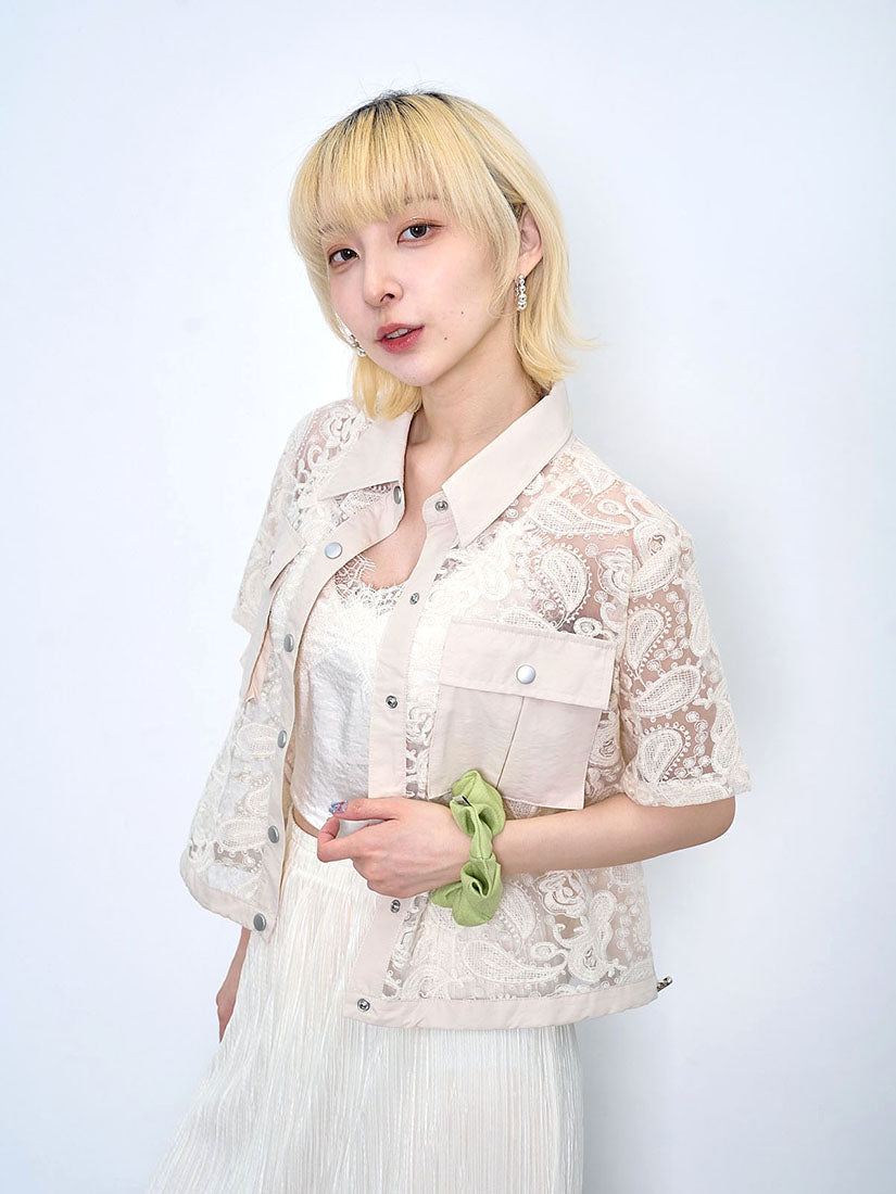Pleated Back Panel Lace Embroidered Shirt (2 Colours)