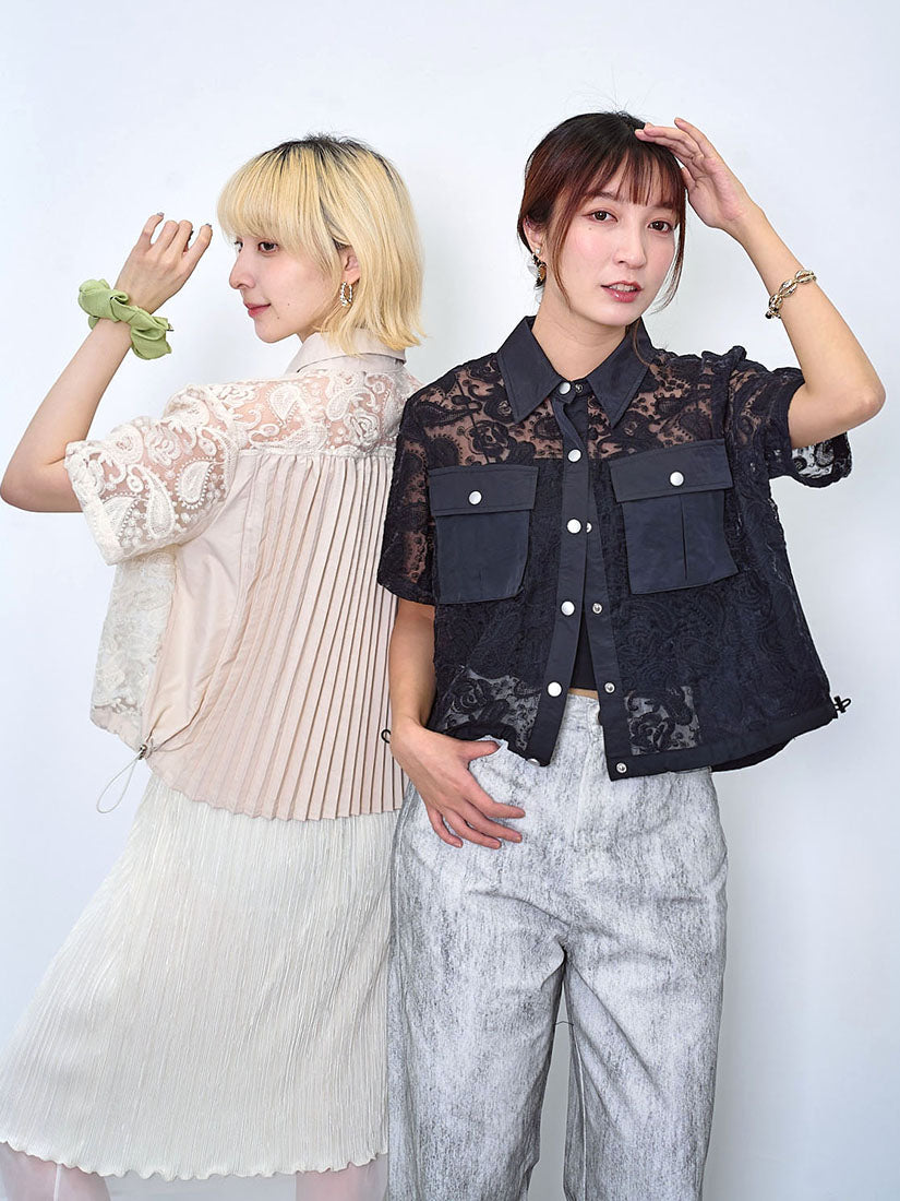 Pleated Back Panel Lace Embroidered Shirt (2 Colours)