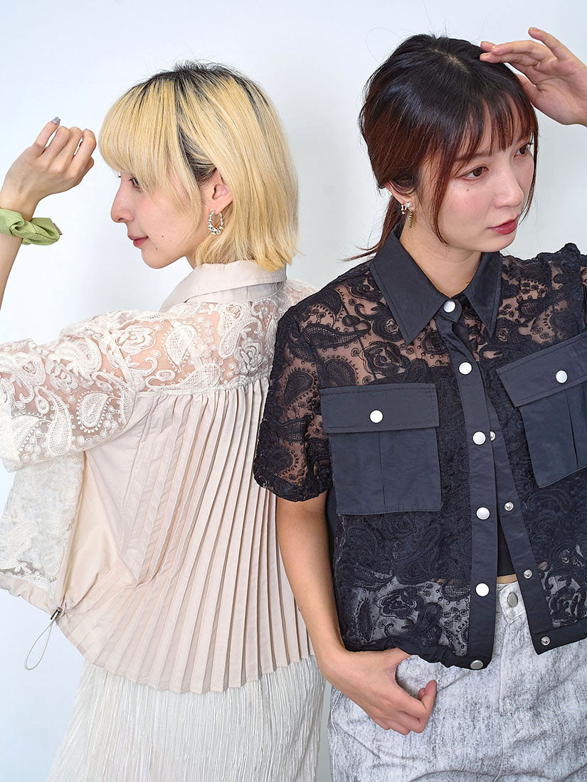 Pleated Back Panel Lace Embroidered Shirt (2 Colours)