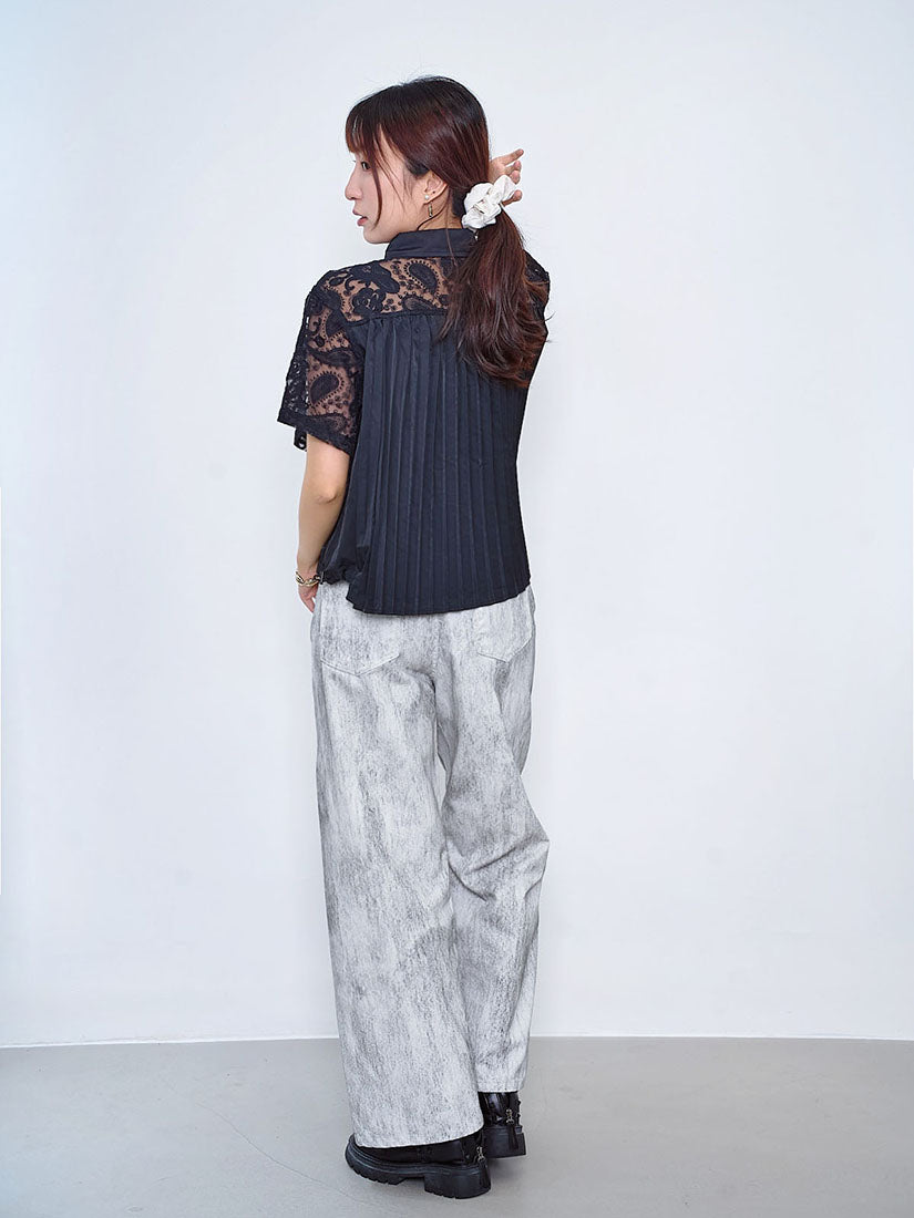 Pleated Back Panel Lace Embroidered Shirt (2 Colours)