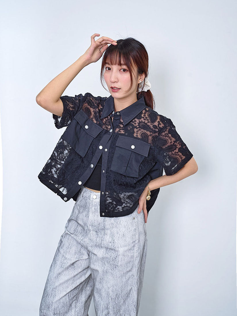 Pleated Back Panel Lace Embroidered Shirt (2 Colours)
