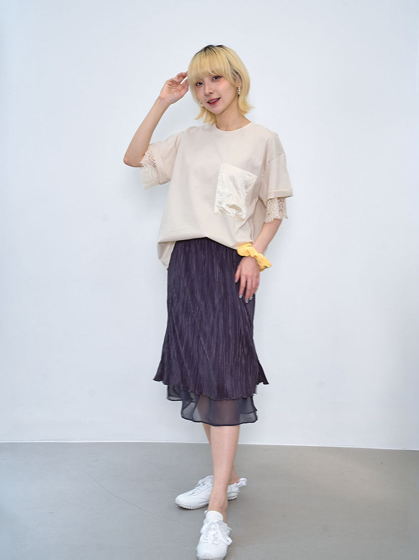 Satin Pocket Lace Underlay Sleeve Tee (2 Colours)
