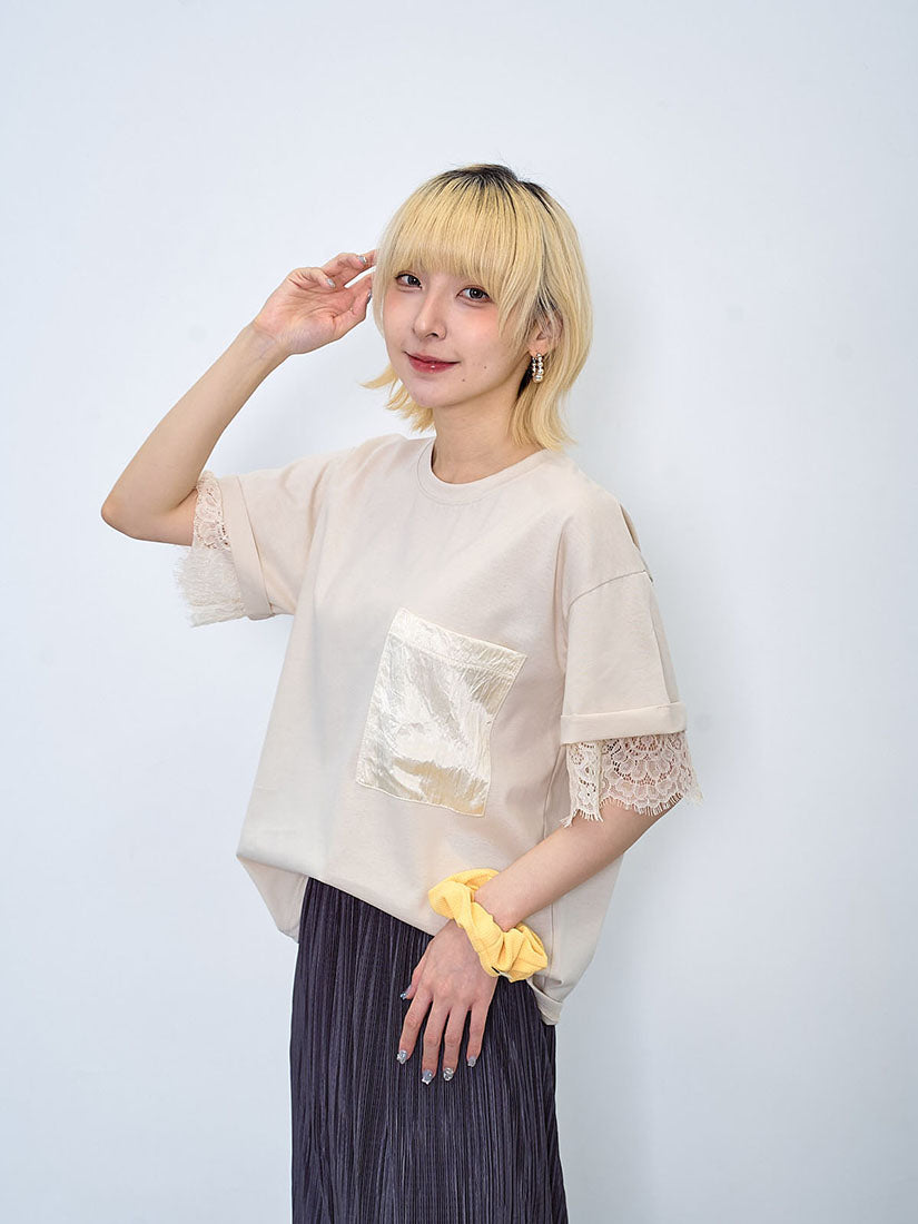 Satin Pocket Lace Underlay Sleeve Tee (2 Colours)