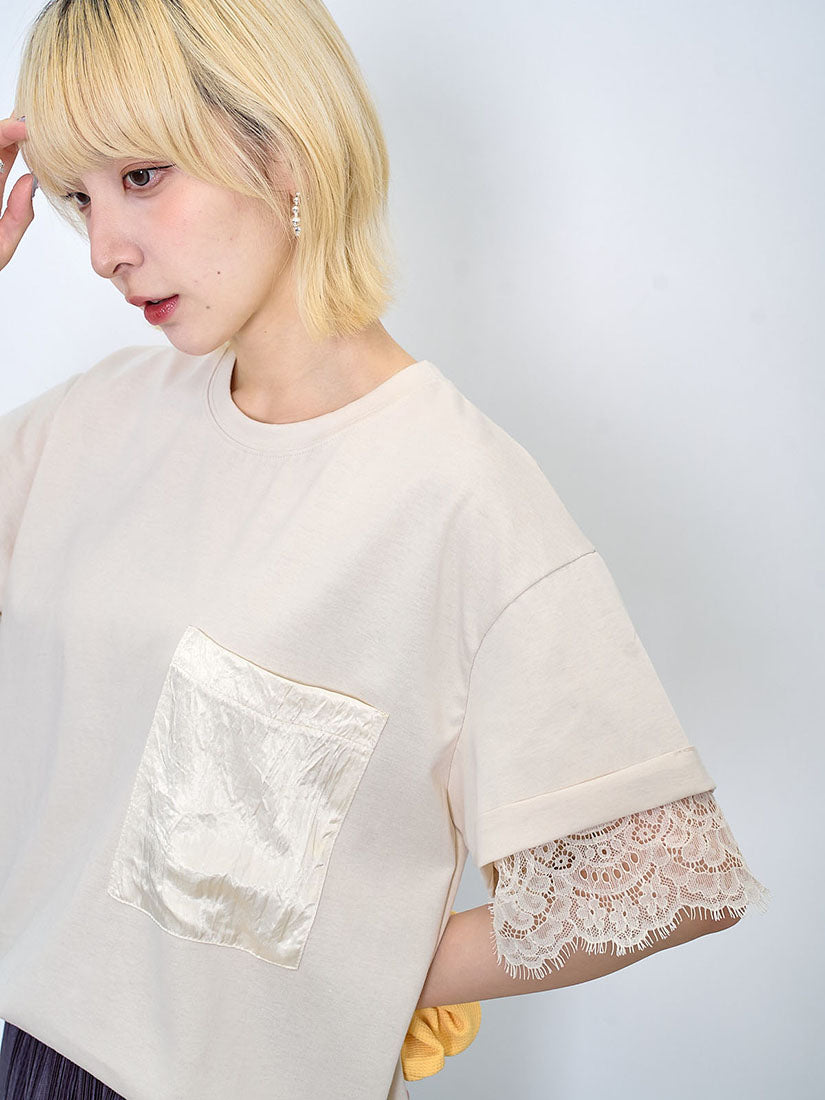 Satin Pocket Lace Underlay Sleeve Tee (2 Colours)