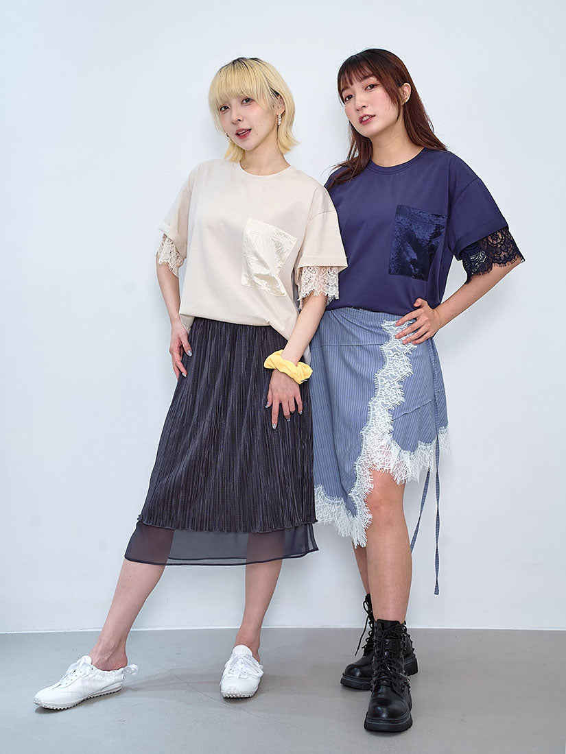 Satin Pocket Lace Underlay Sleeve Tee (2 Colours)
