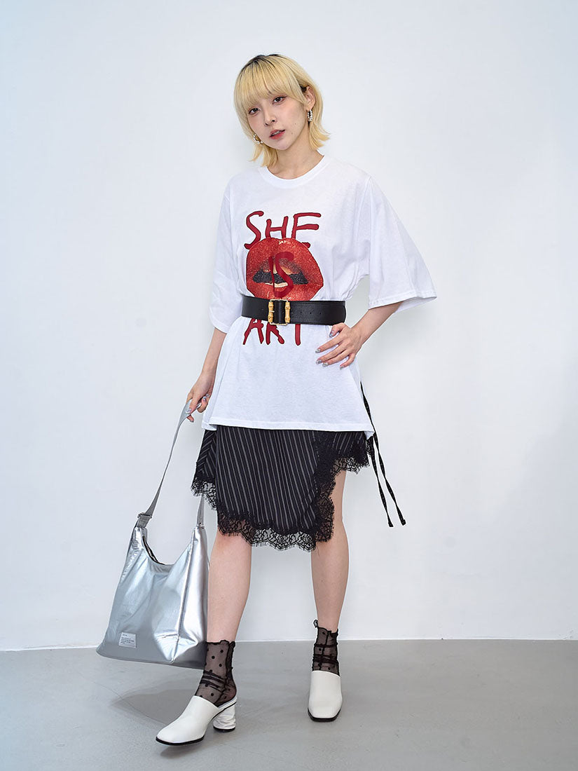 Laces Trim Asymmetric Wrap Striped Skirt (2 Colours)