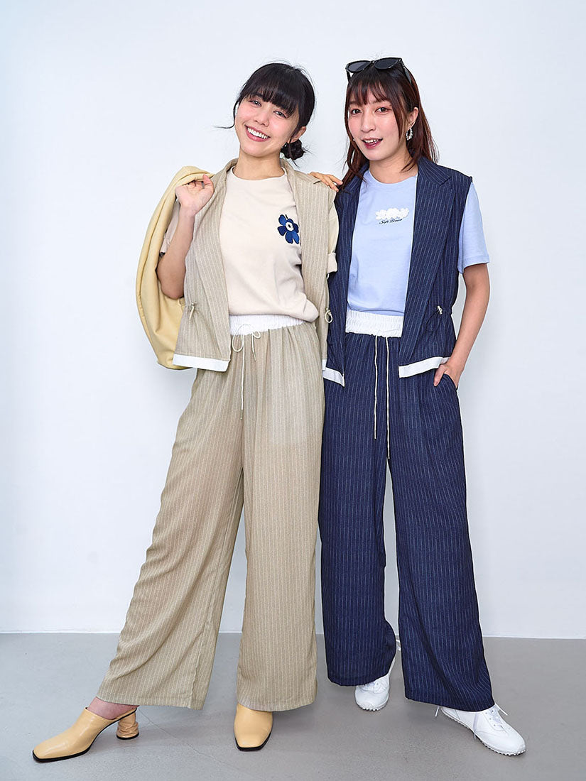 Striped Contrast Waist Wide Leg Pants (2 Colours)