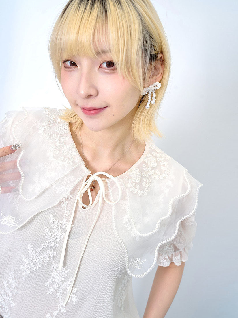 Organza Layered Collar Floral Embroidered Wrinkle Top