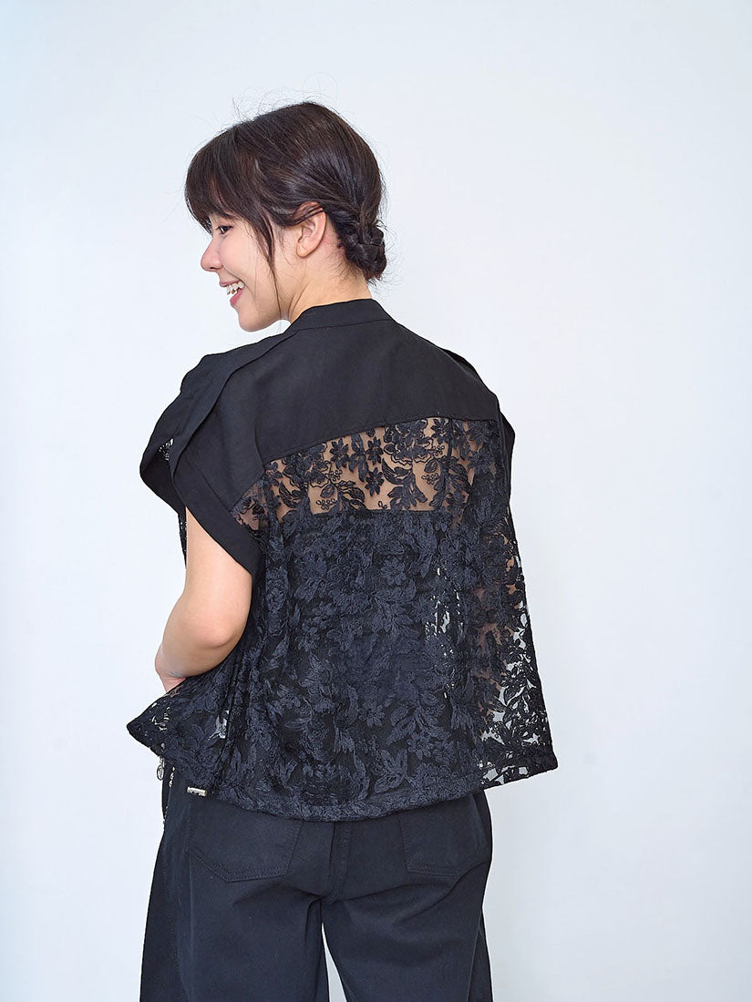 Drawstring Waist Lace Sleeveless Zip Up Jacket (2 Colours)