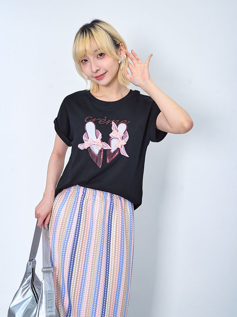 3D Ribbon Bow Mules Printed Tee (2 Colours)