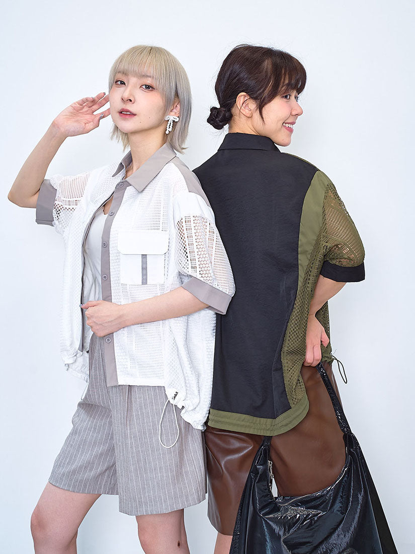 Lace Panel Drawstring Waist Shirt Jacket (2 Colours)