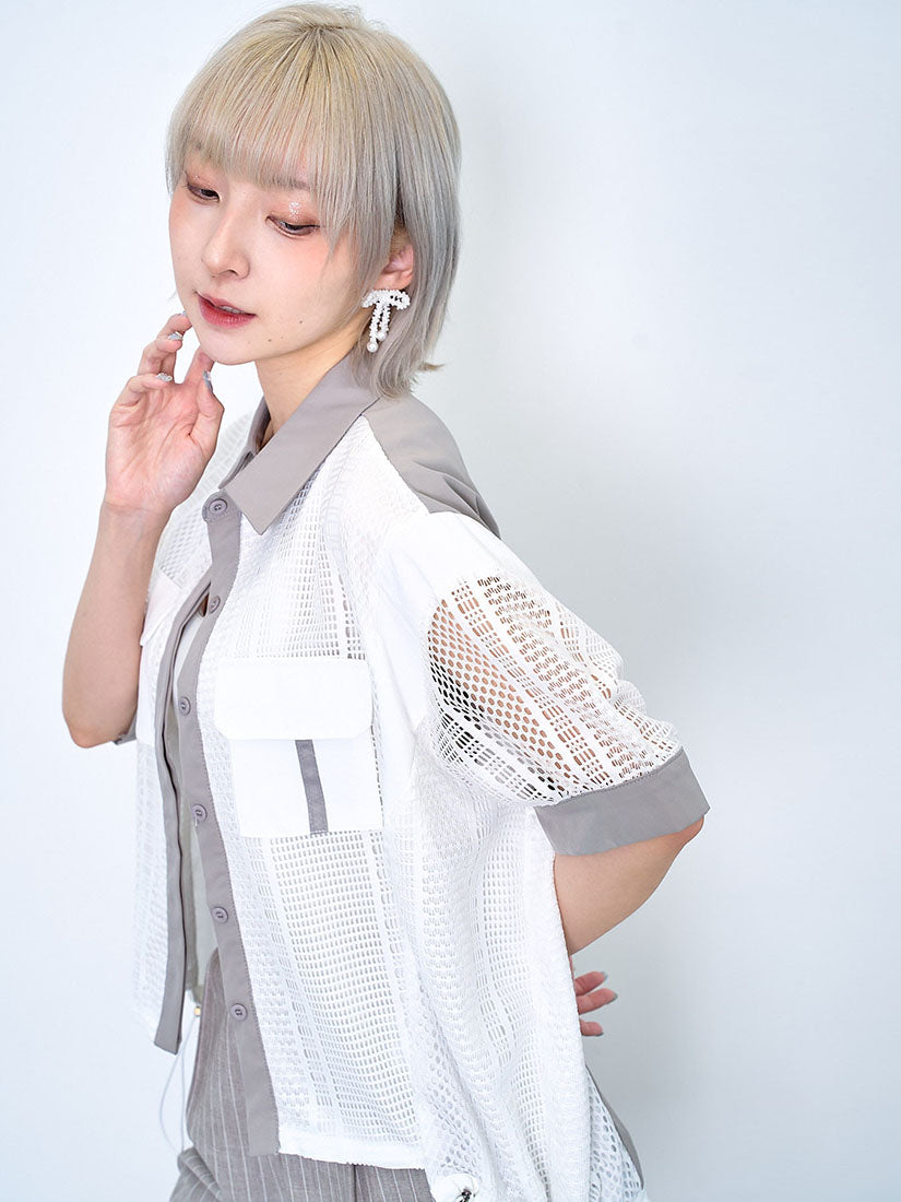 Lace Panel Drawstring Waist Shirt Jacket (2 Colours)