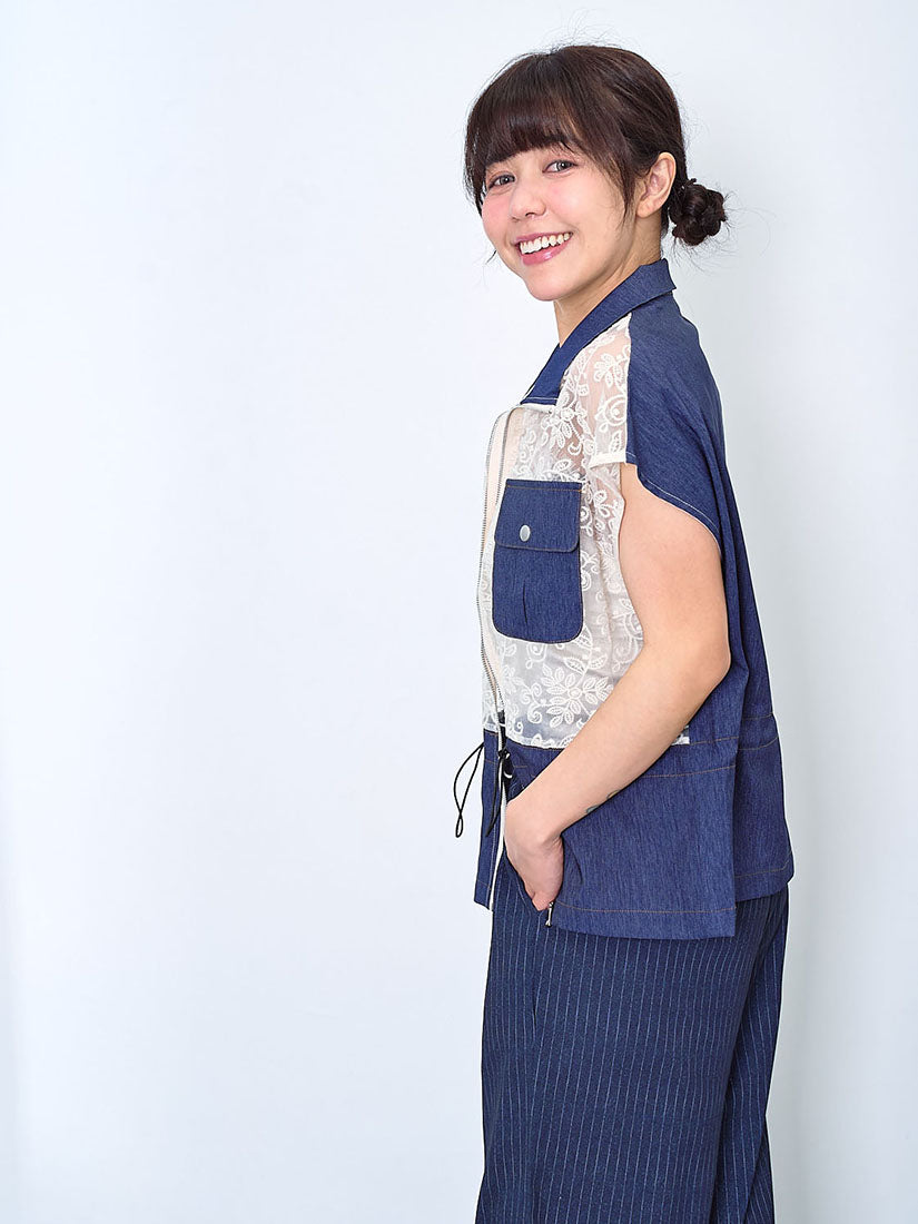 Embroidered Lace Panel Denim Zip Up Jacket