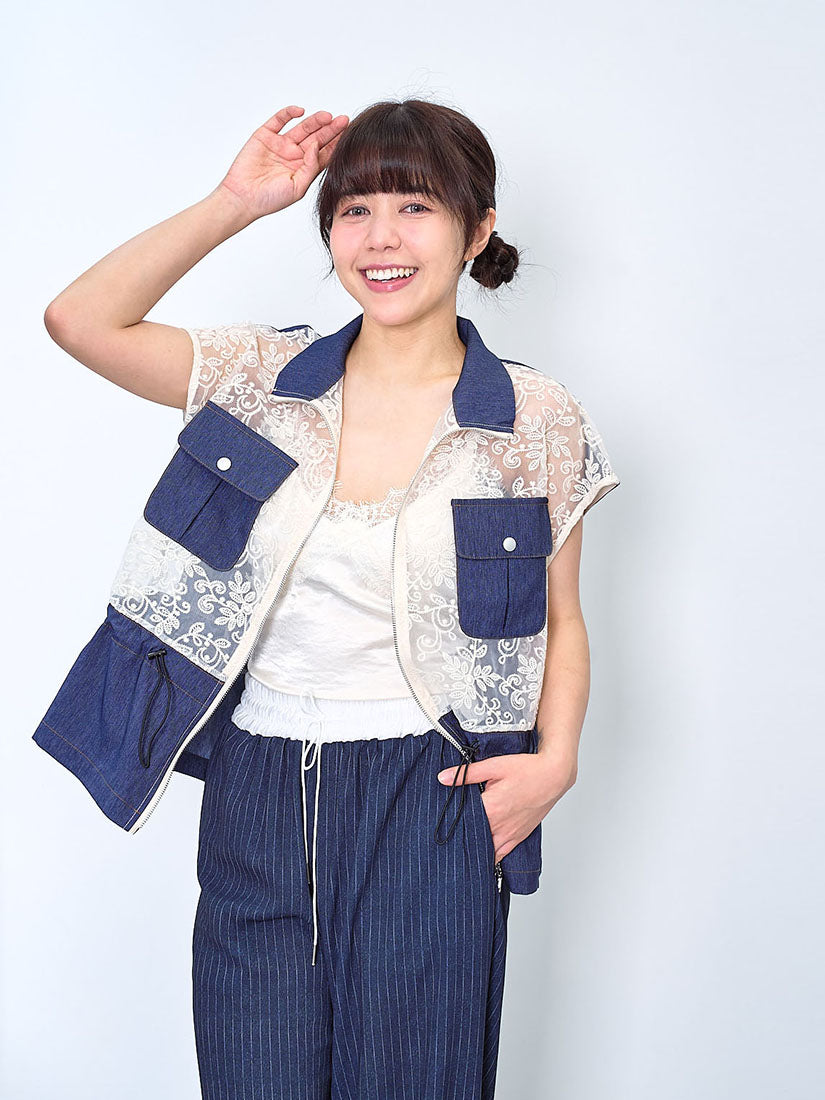 Embroidered Lace Panel Denim Zip Up Jacket
