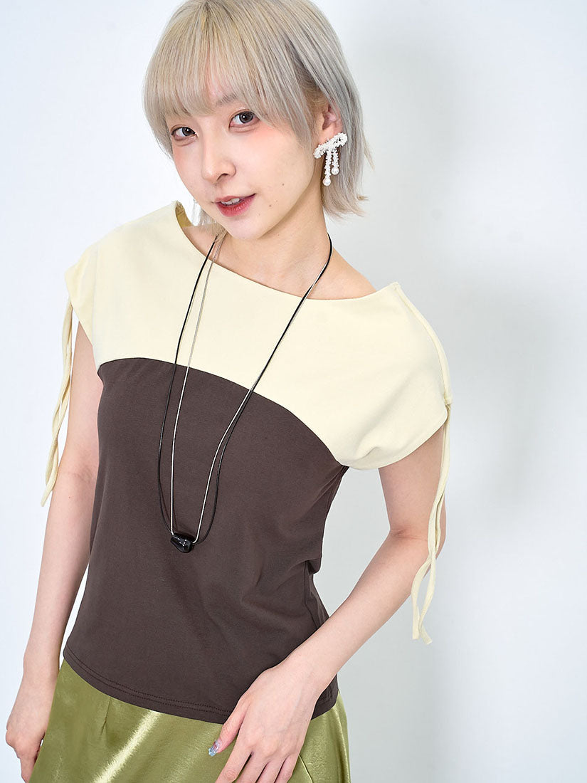 Drawstring Shoulder Colourblock Boat Neck Top (2 Colours)