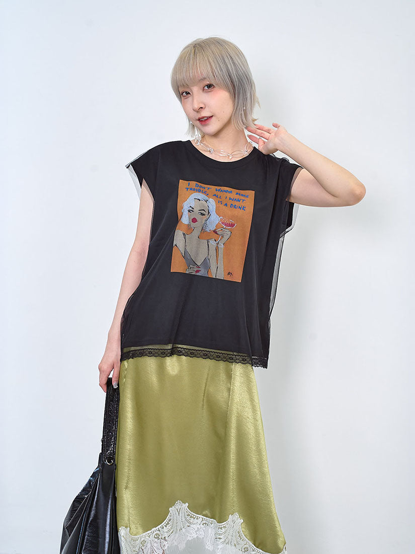 Mesh Cover Up Sleeveless Printed Tee (2 Colours)