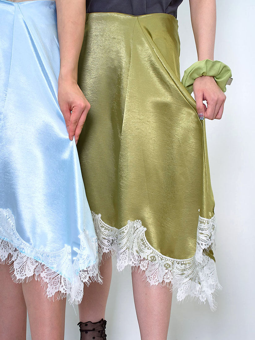 Asymmetric Lace Hem Satin Skirt (2 Colours)