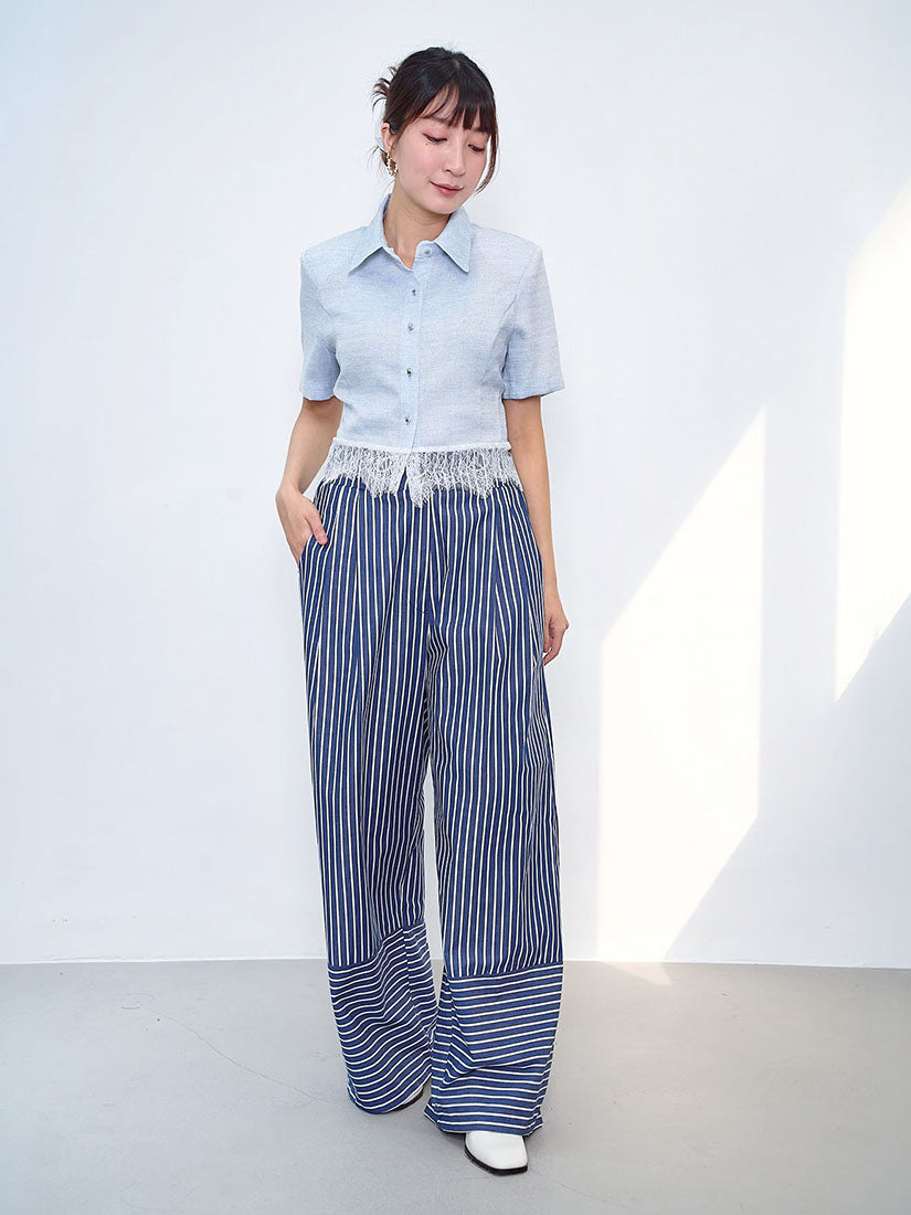 High Cuff Striped Wide Leg Pants (2 Colours)