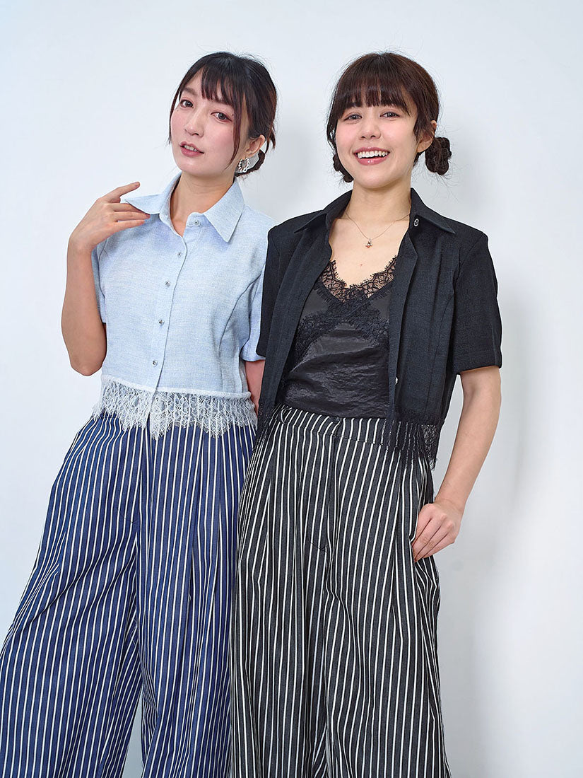 Lace Hem Tweed Crop Outer Shirt (2 Colours)