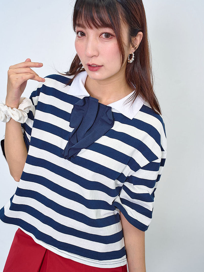 Polo Neck Ruffle Placket Striped Top (2 Colours)