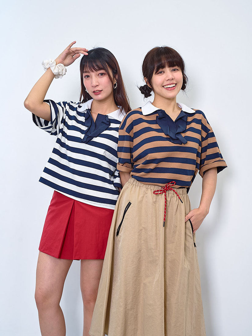 Polo Neck Ruffle Placket Striped Top (2 Colours)