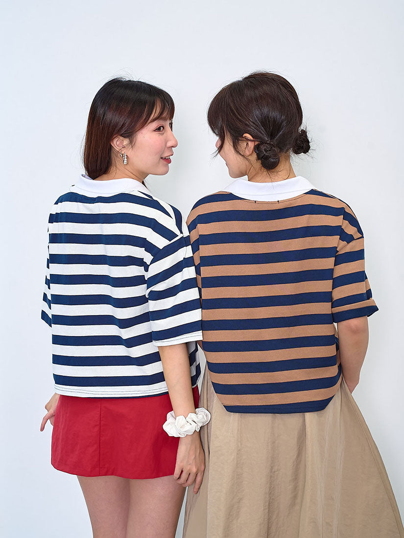Polo Neck Ruffle Placket Striped Top (2 Colours)