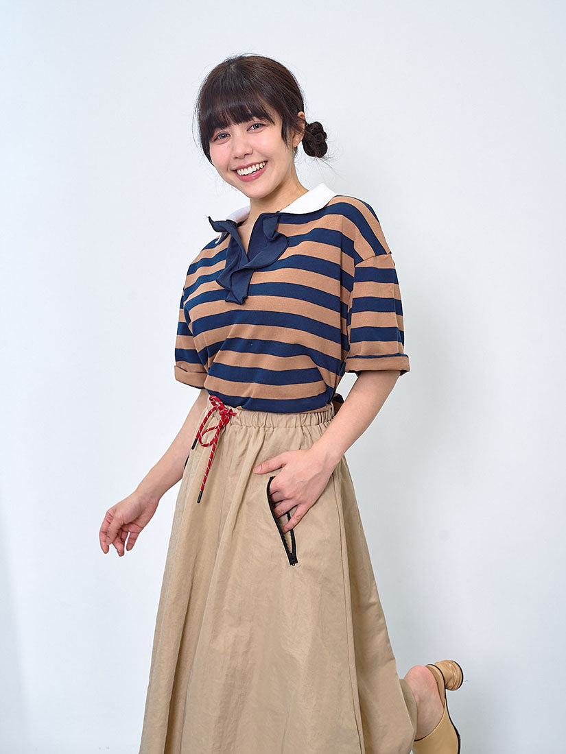 Polo Neck Ruffle Placket Striped Top (2 Colours)