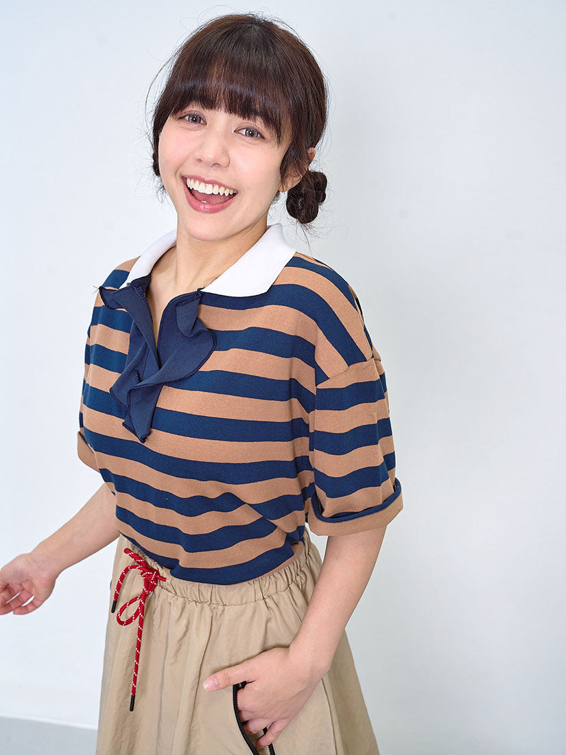Polo Neck Ruffle Placket Striped Top (2 Colours)