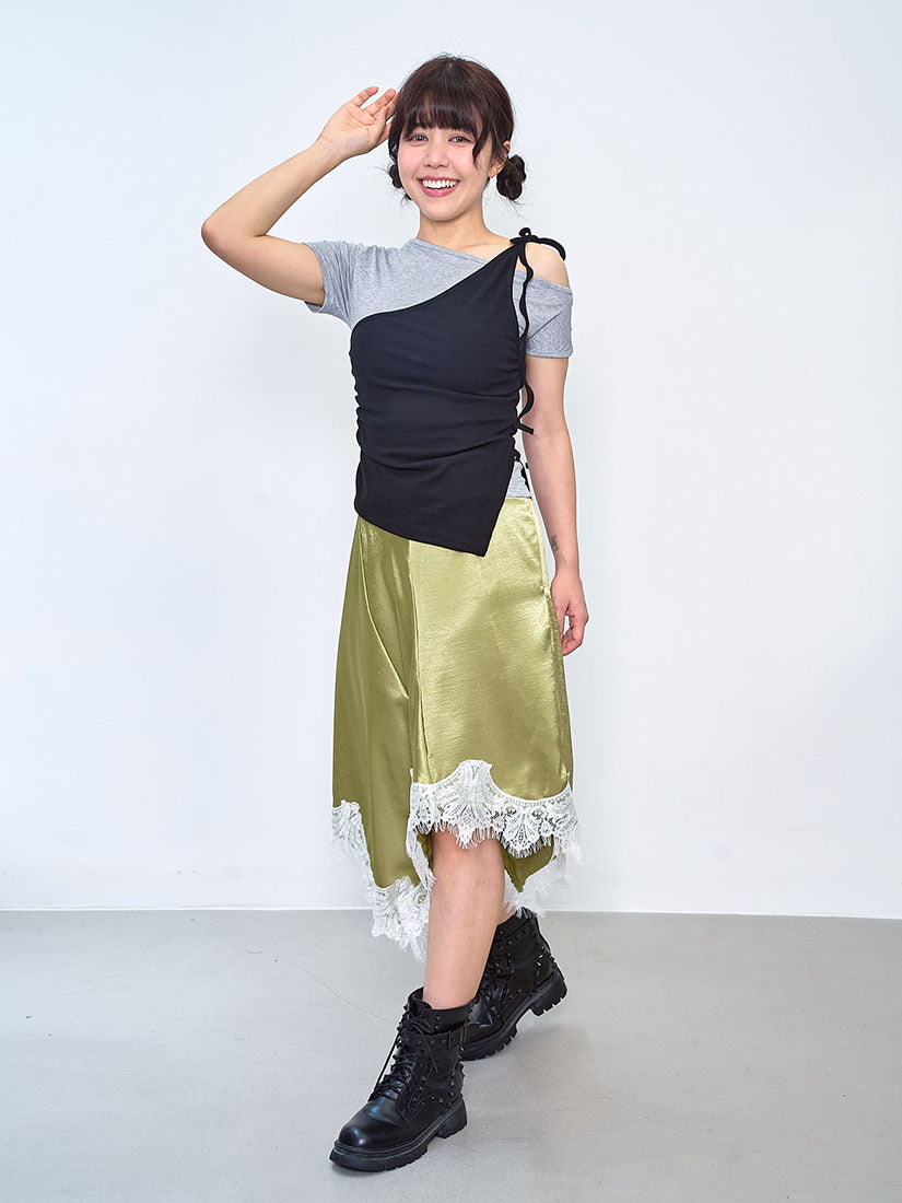 Asymmetric Lace Hem Satin Skirt (2 Colours)