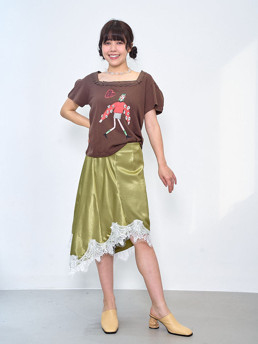 Lace Trim Square Neck Lady Printed Tee (2 Colours)