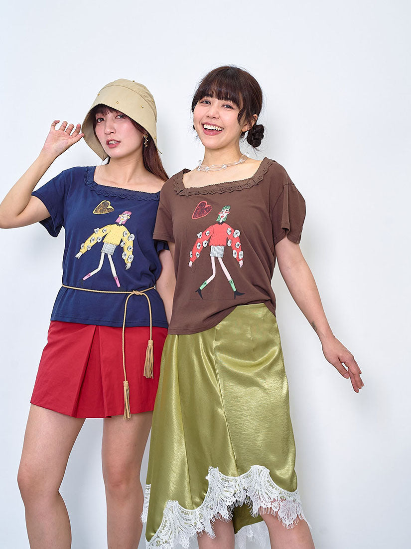 Lace Trim Square Neck Lady Printed Tee (2 Colours)