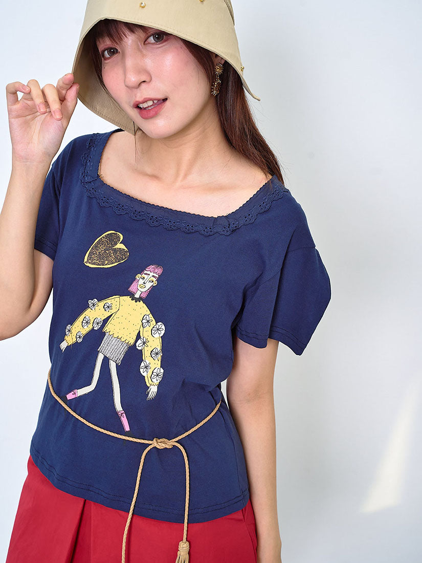 Lace Trim Square Neck Lady Printed Tee (2 Colours)