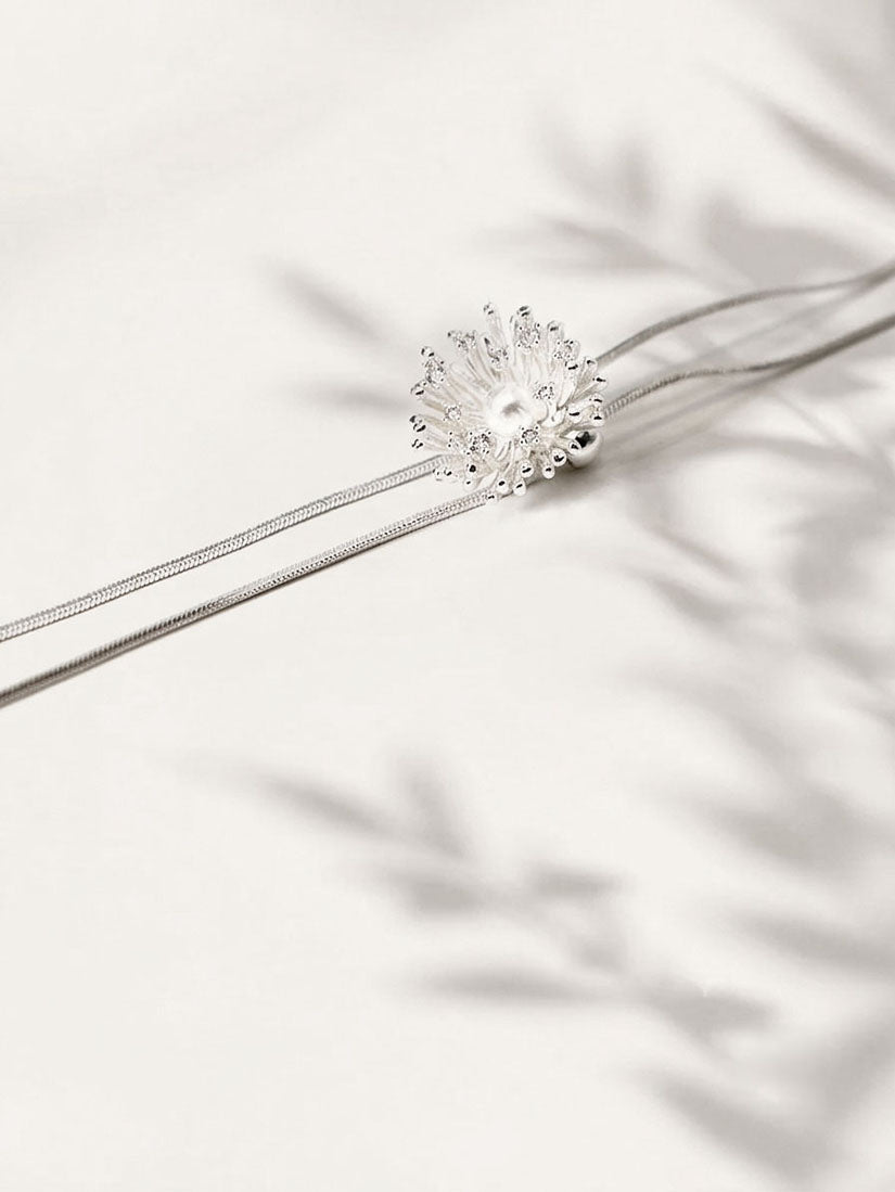 Silver Pearl Dandelion Necklace