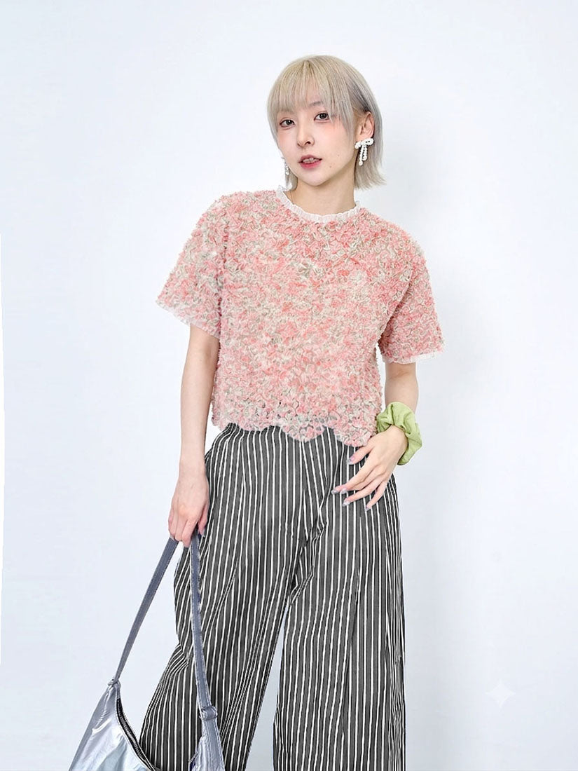 Floral Ruffle Textured Mesh Crop Top (2 Colours)