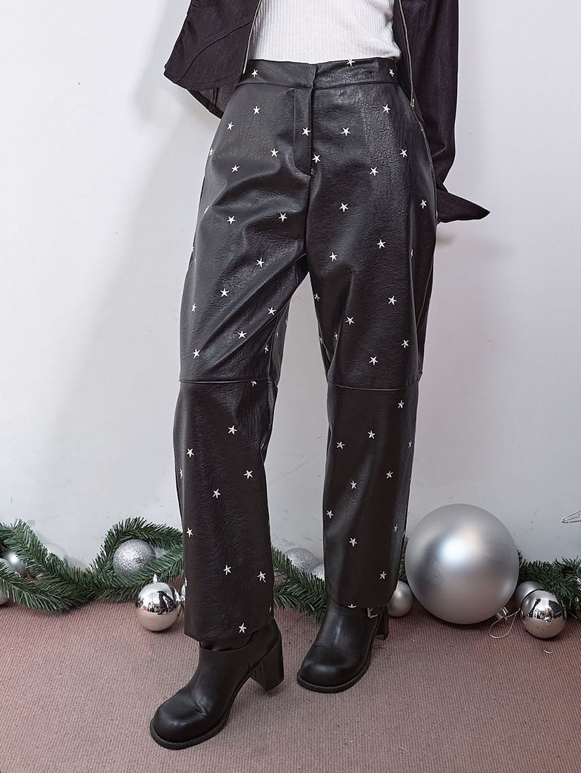Star Embroidered Leather Pants