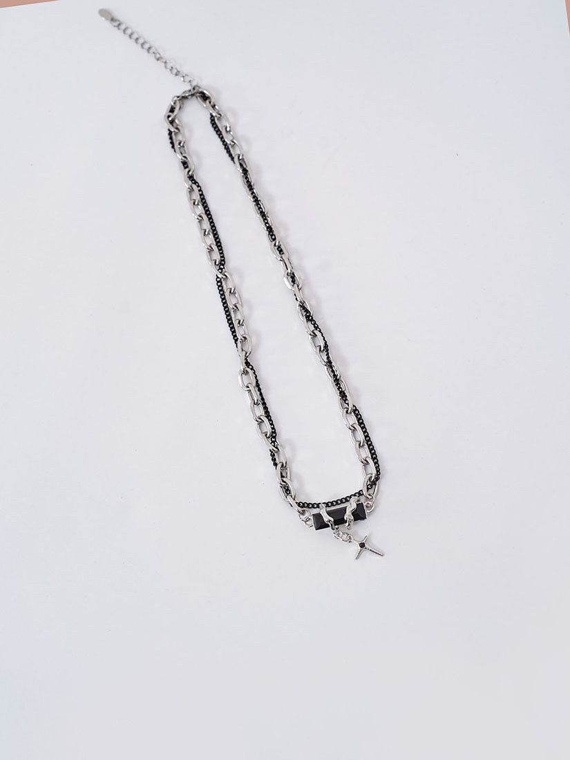 Silver Cross Black Rectangle Rhinestone Necklace