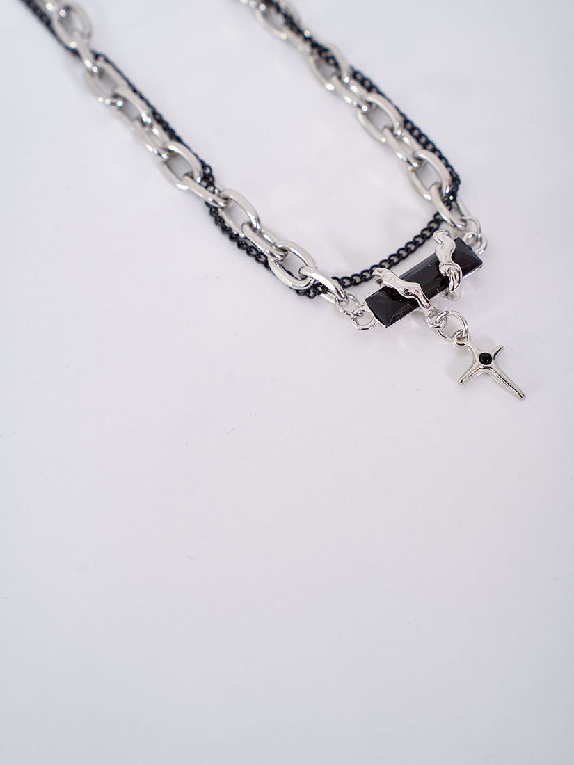 Silver Cross Black Rectangle Rhinestone Necklace