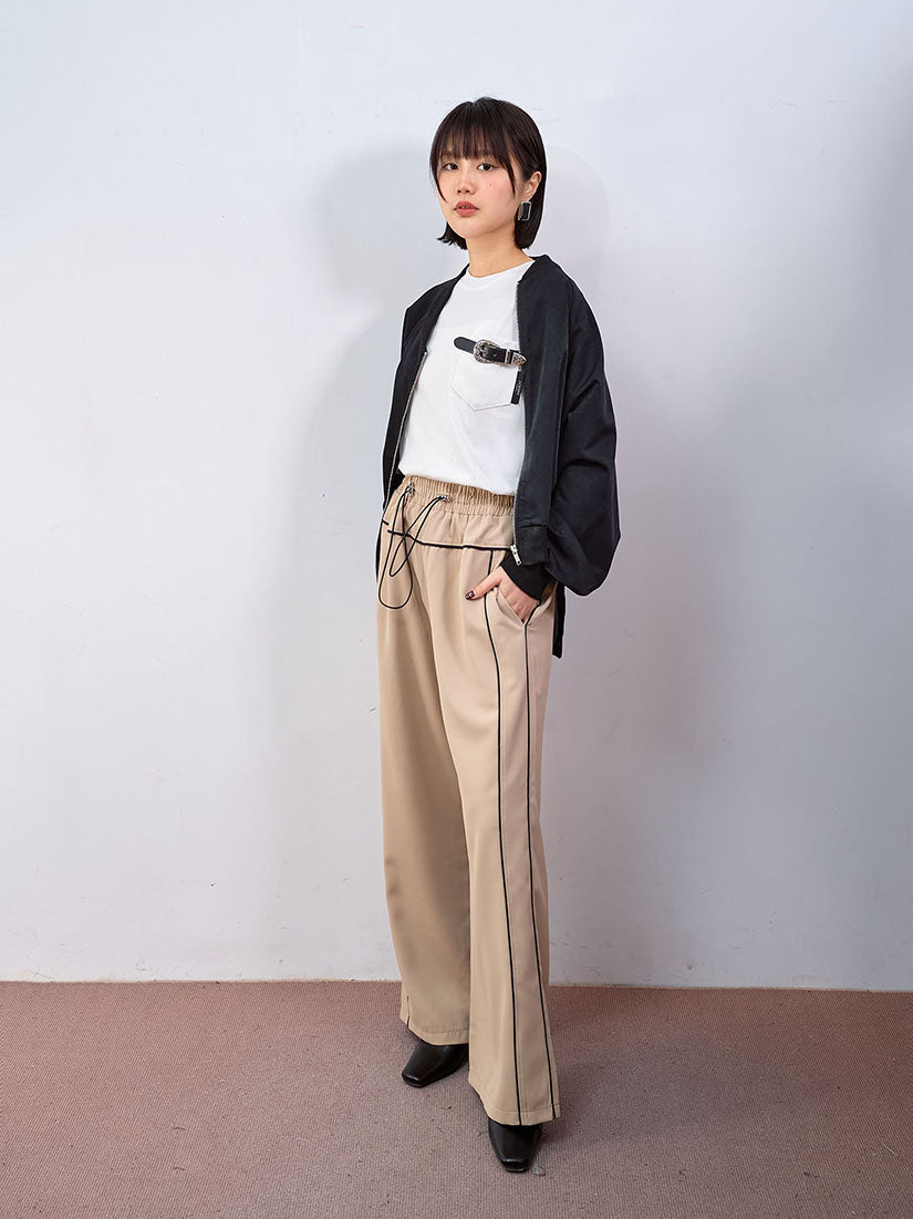 Drawstring Waist Contrast Piping Pants (2 Colours)