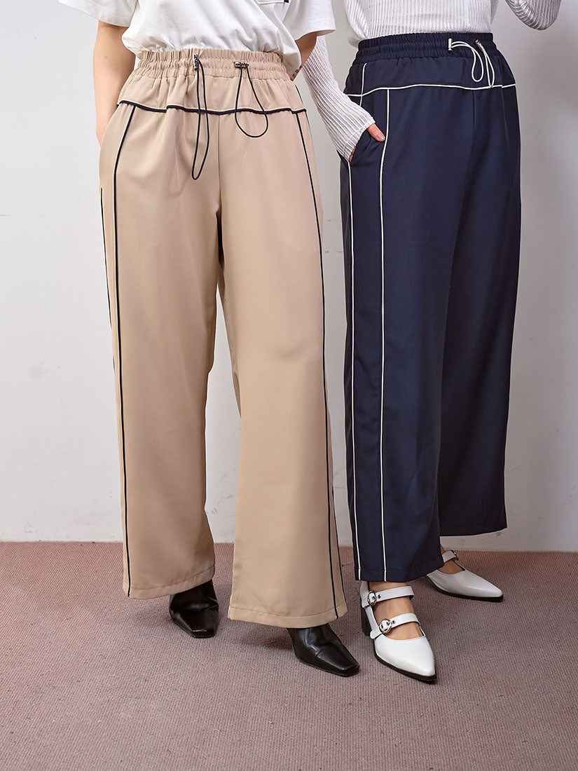 Drawstring Waist Contrast Piping Pants (2 Colours)