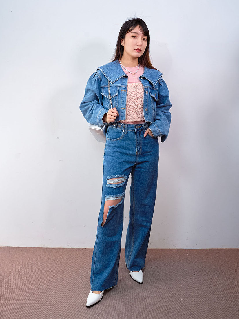 Sailor Collar Raw Hem Denim Cropped Jacket