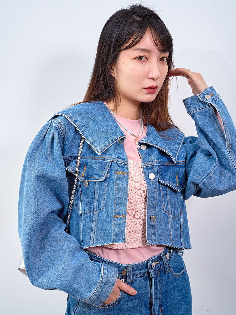 Sailor Collar Raw Hem Denim Cropped Jacket