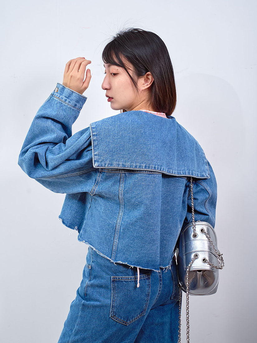 Sailor Collar Raw Hem Denim Cropped Jacket