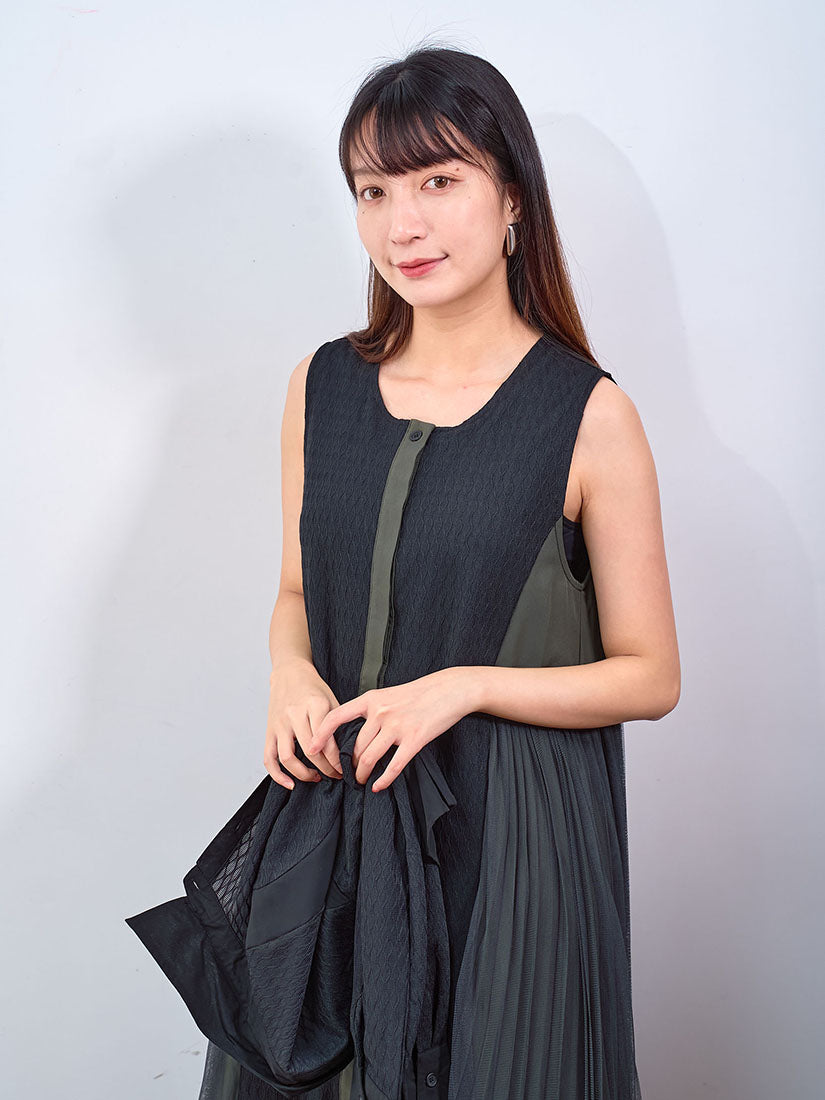 Patch Shirt with Pleated Mesh Side Dress Set (2 Colours)