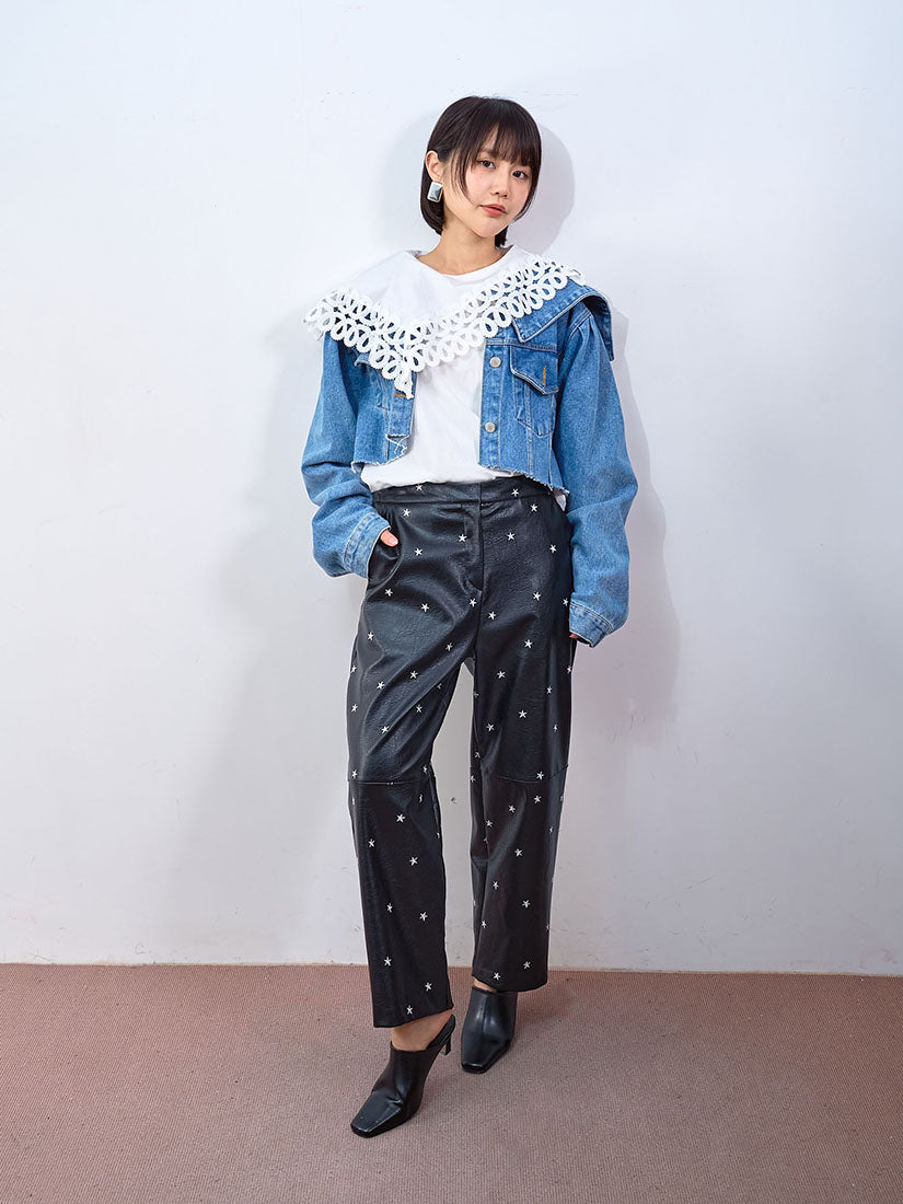 Sailor Collar Raw Hem Denim Cropped Jacket