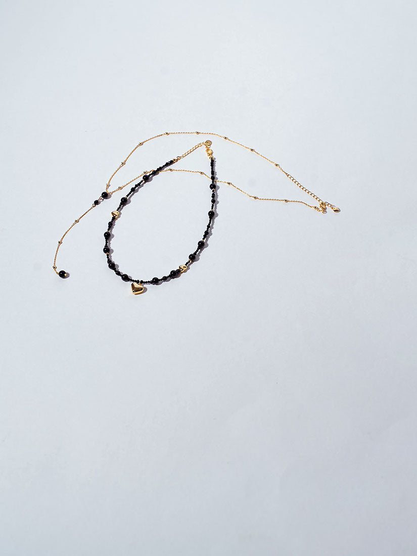 Black Beads Metallic Heart Double Necklace