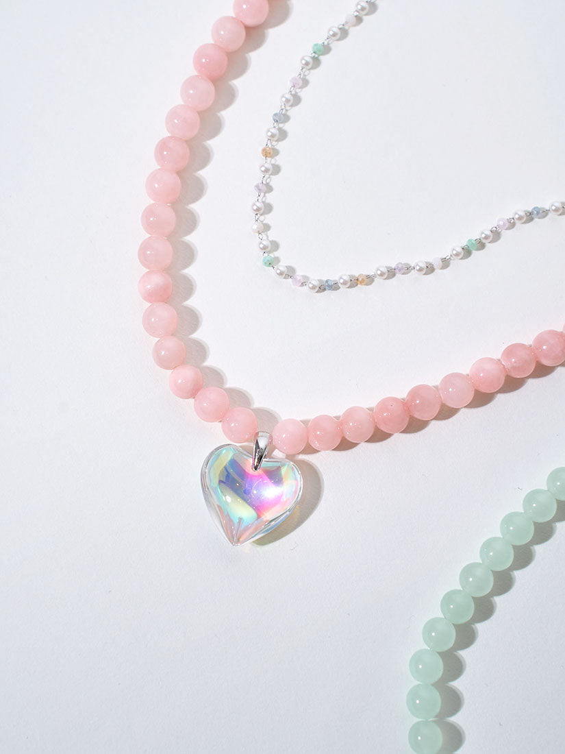 Crystal Iridescent Heart Pendant Double Necklace