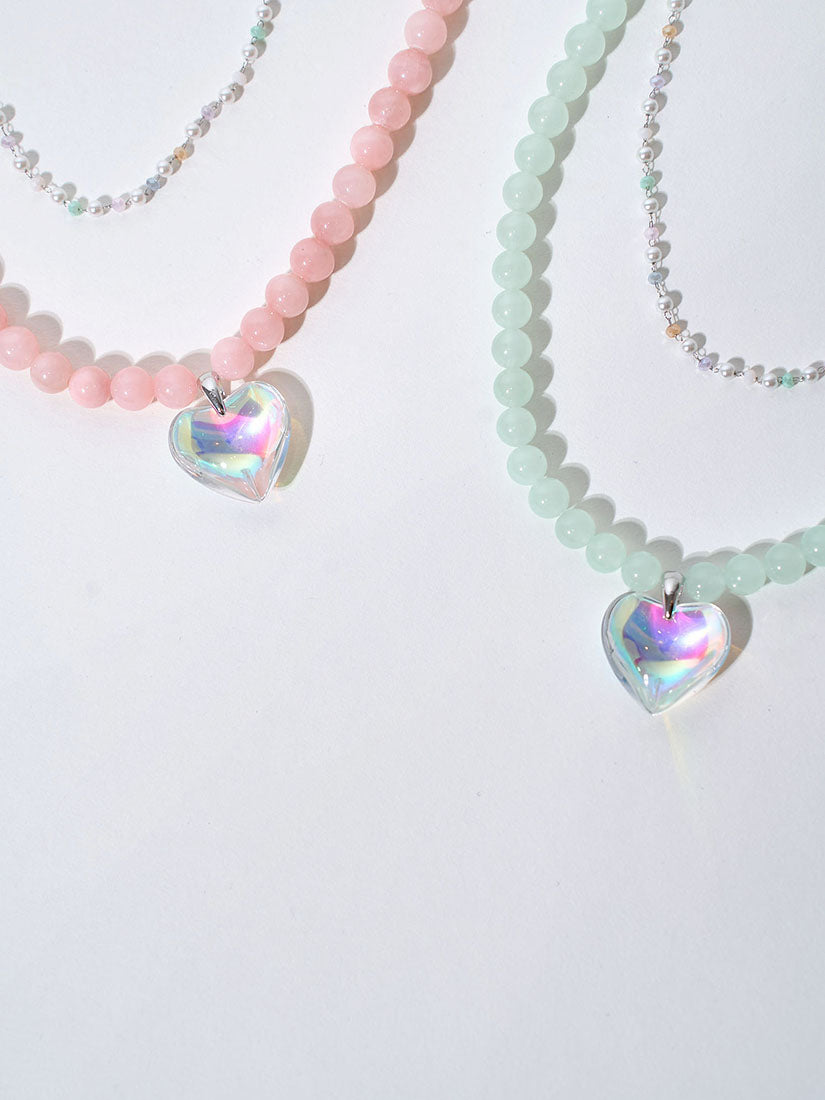 Crystal Iridescent Heart Pendant Double Necklace