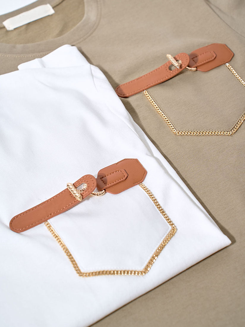 Leather Buckle Chain Pocket Tee (2 Colours)