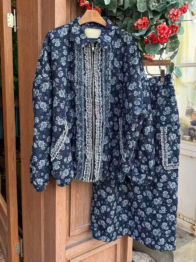 Navy Floral With Ruffle Lace Shirt Jacket
